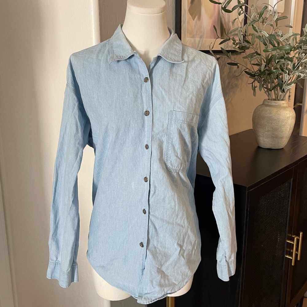 VTG 90s Button up Bushwacker Shirt Womens L Blue Denim Floral Buttons